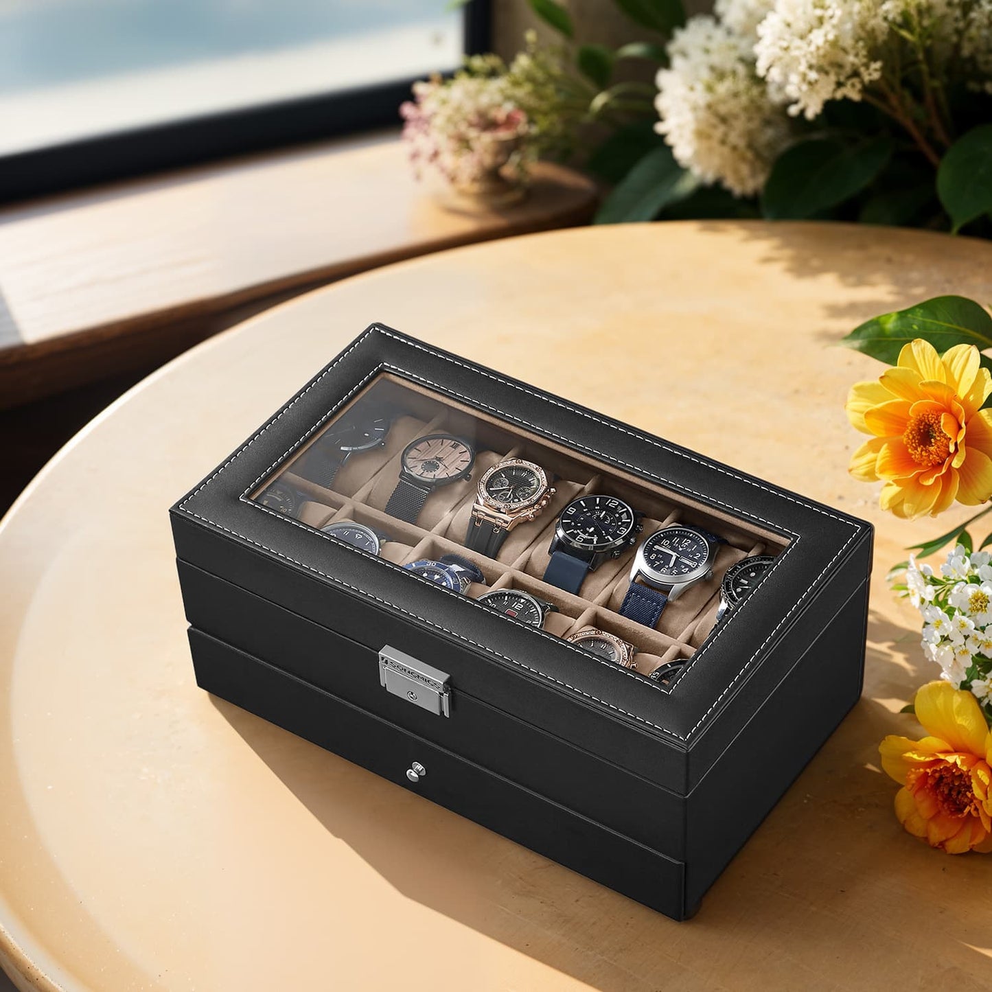 12-Slot Watch Box, Lockable Watch Case with Glass Lid, Drawer - image 2