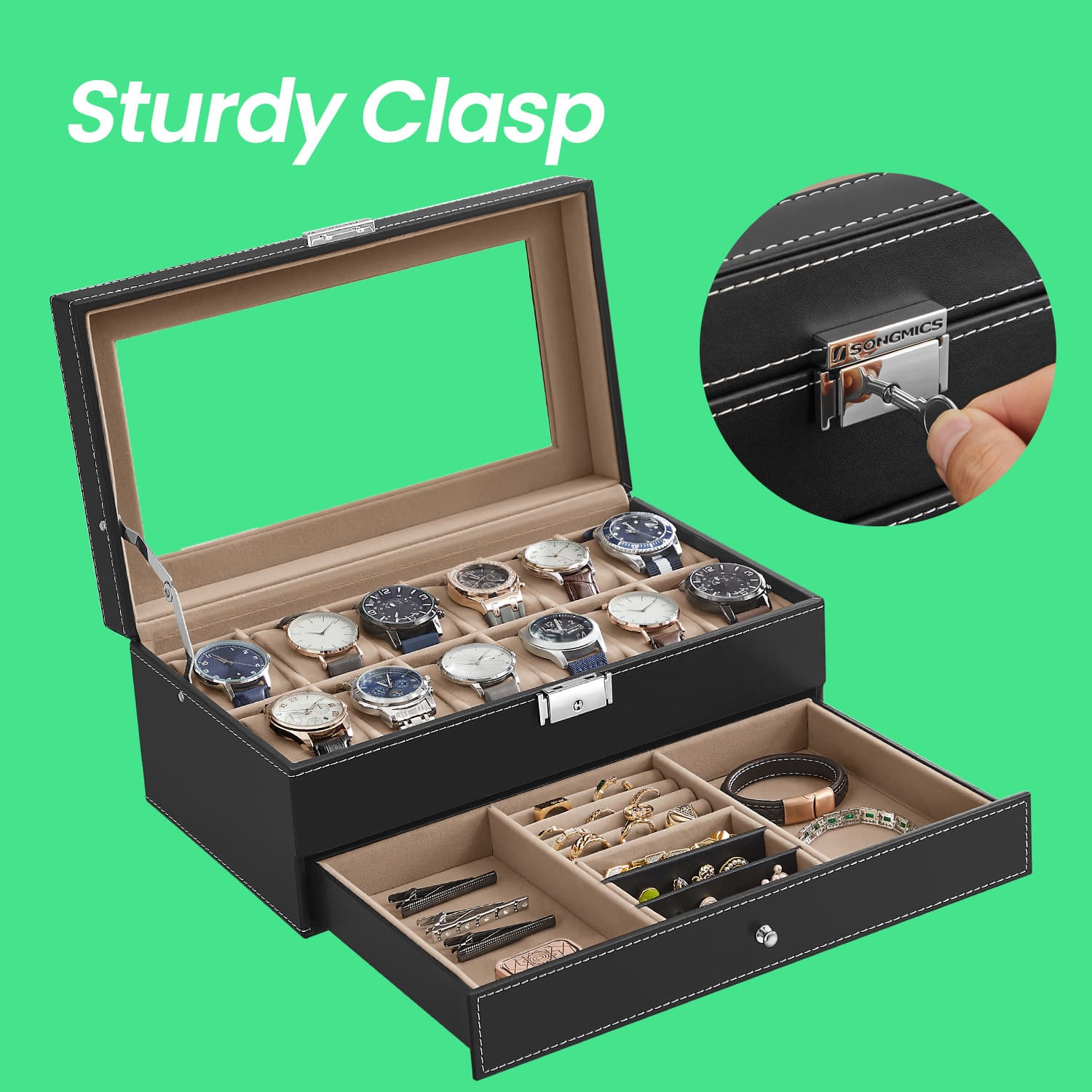12-Slot Watch Box, Lockable Watch Case with Glass Lid, Drawer - image 10