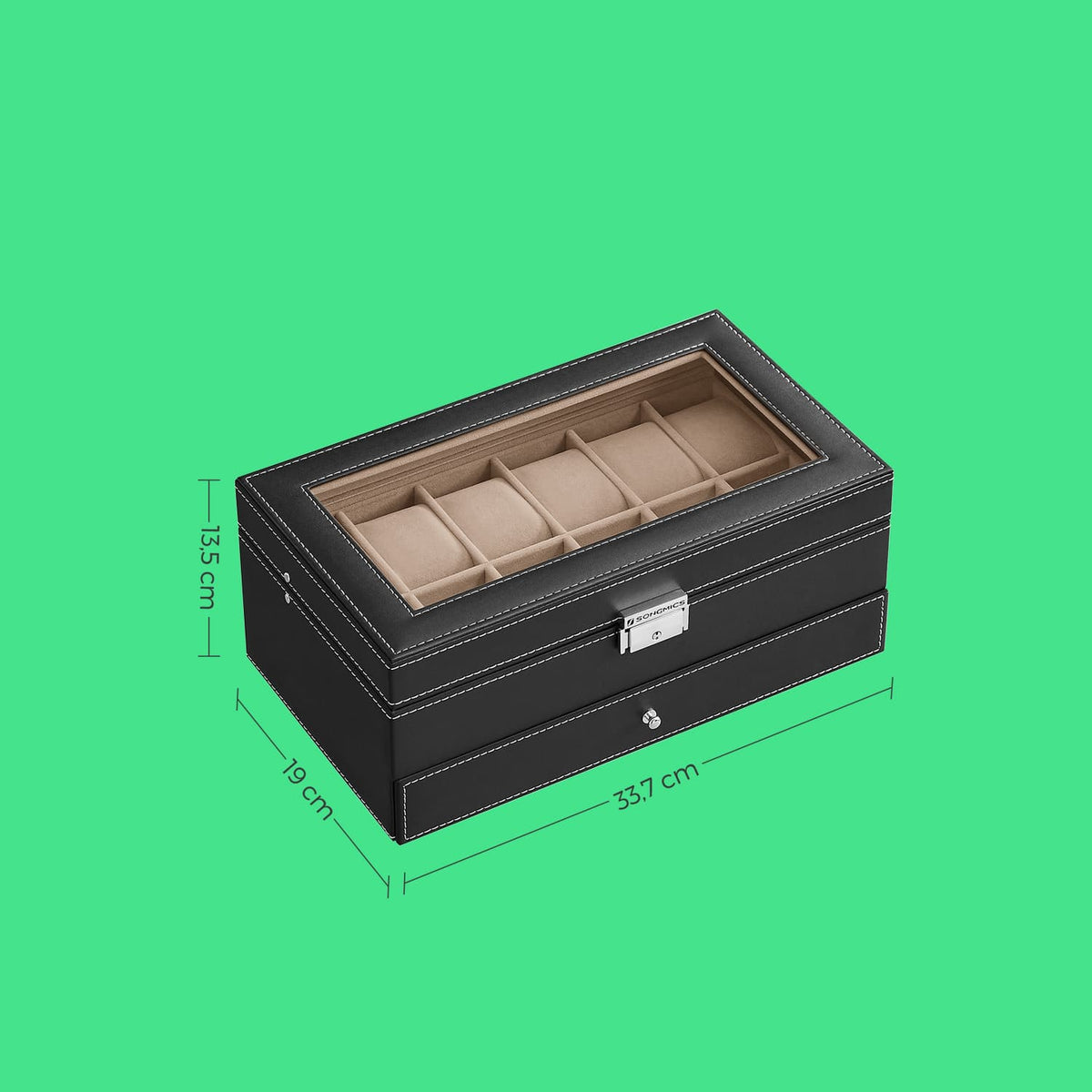 12-Slot Watch Box, Lockable Watch Case with Glass Lid, Drawer - image 5