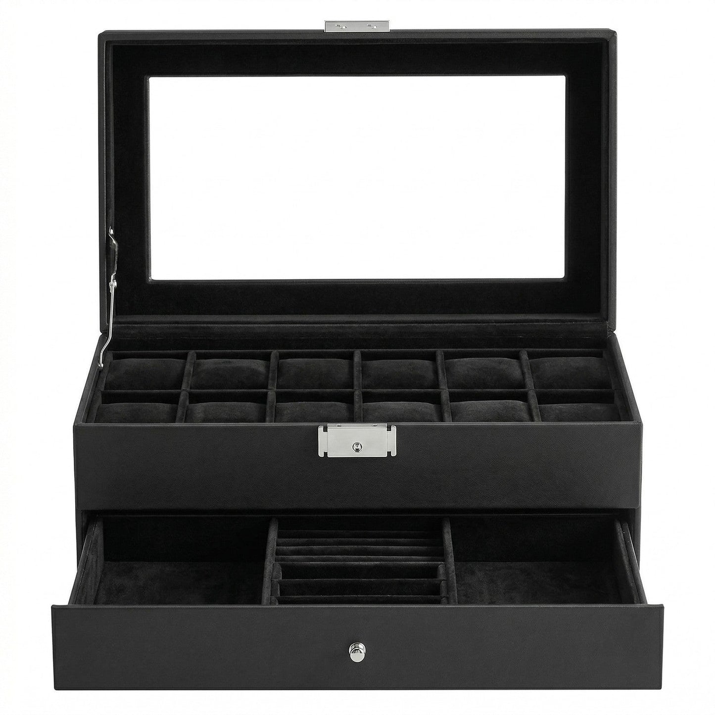12-Slot Watch Box, Lockable Watch Case with Glass Lid, Drawer - image 1