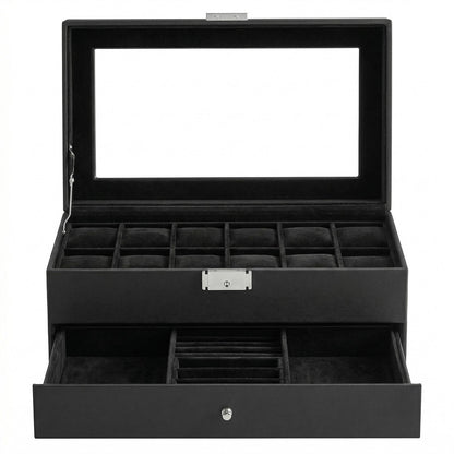 12-Slot Watch Box, Lockable Watch Case with Glass Lid, Drawer - image 1