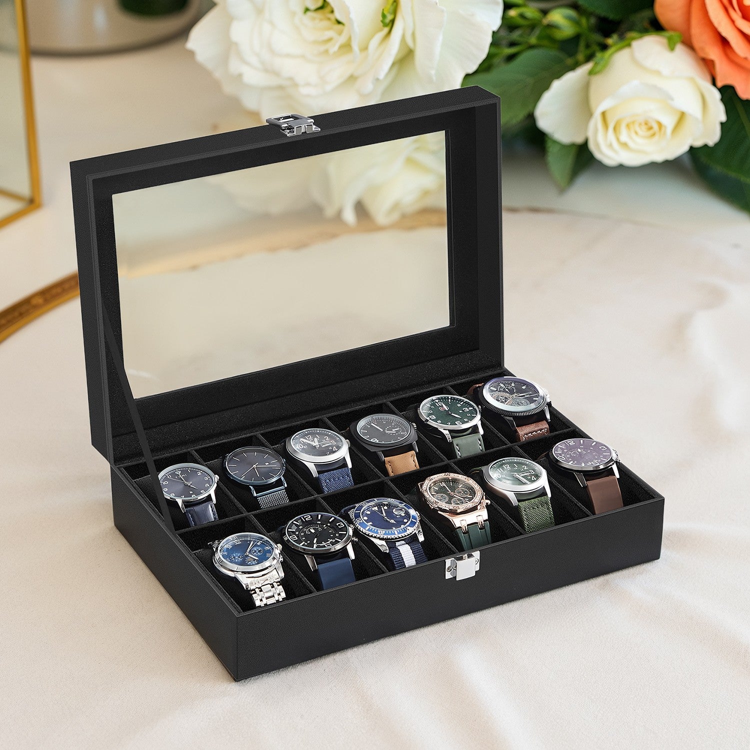 12-Slot Watch Box, Lockable Watch Case with Glass Lid, Drawer - image 2