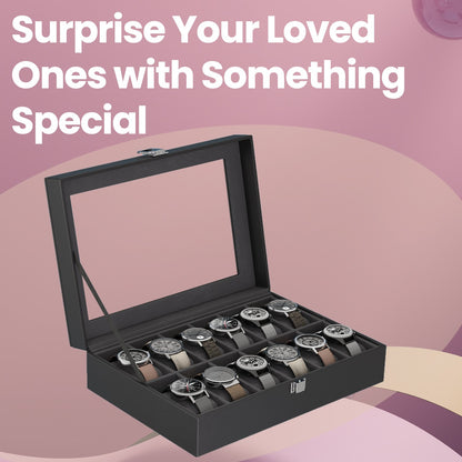 12-Slot Watch Box, Lockable Watch Case with Glass Lid, Drawer - image 3