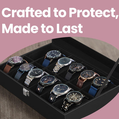 12-Slot Watch Box, Lockable Watch Case with Glass Lid, Drawer - image 4