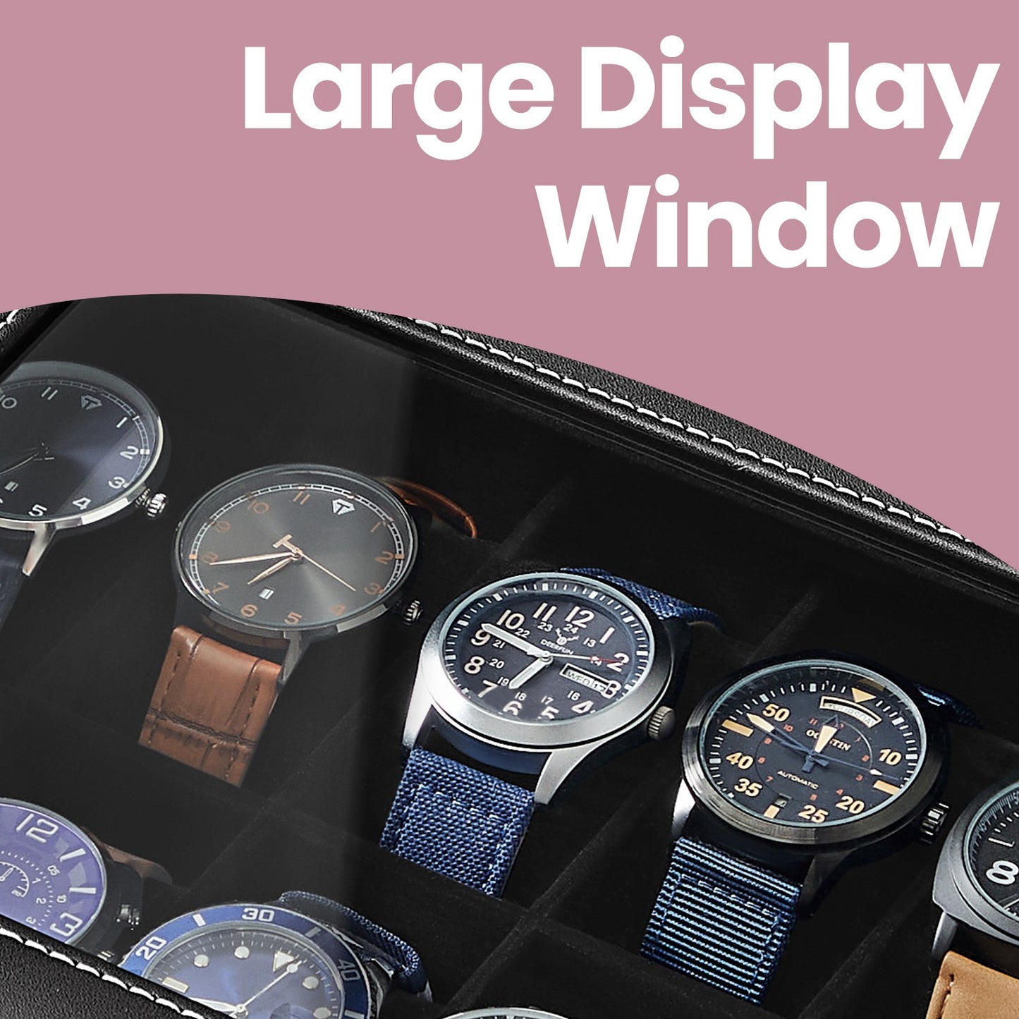 12-Slot Watch Box, Lockable Watch Case with Glass Lid, Drawer - image 5