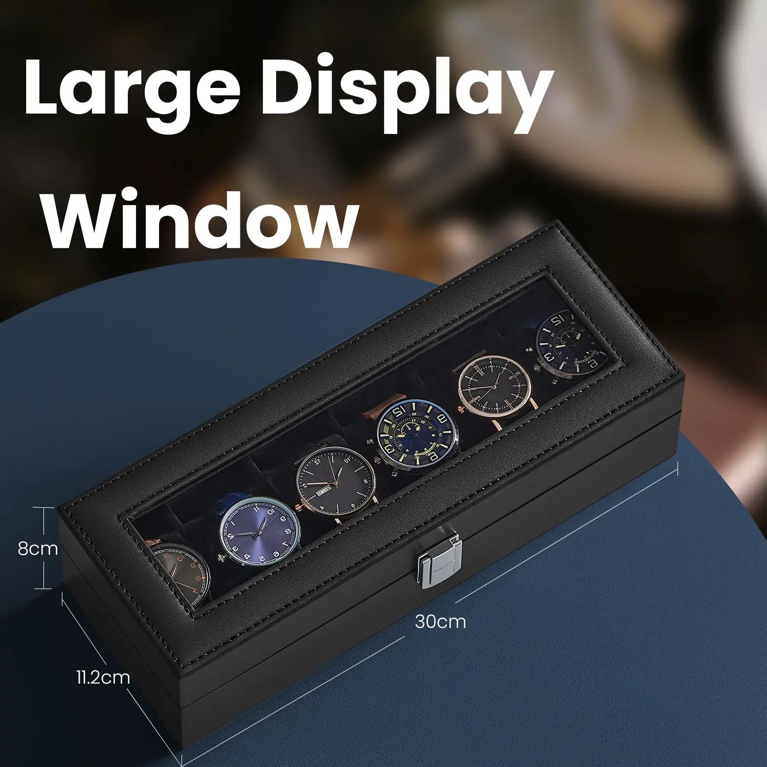 6-Slot Watch Box Organizer, Watch Case with Large Glass Lid, Removable Watch Pillows - image 2