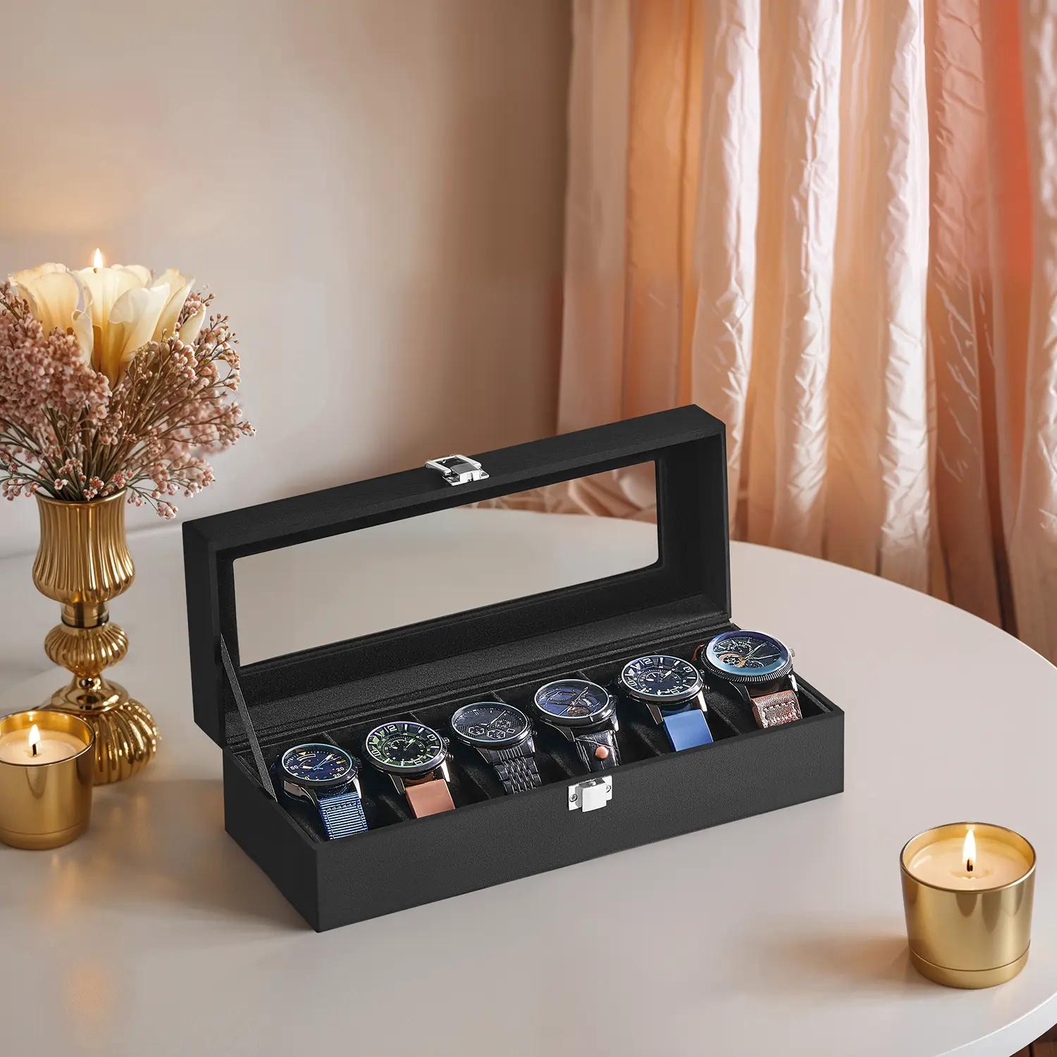 6-Slot Watch Box Organizer, Watch Case with Large Glass Lid, Removable Watch Pillows - image 4