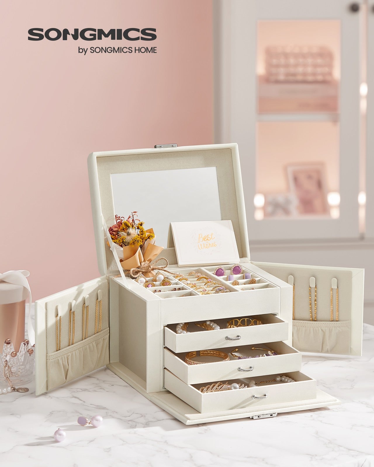 4-Tier Jewellery Box with Handle and Drawers Cream White - image 2