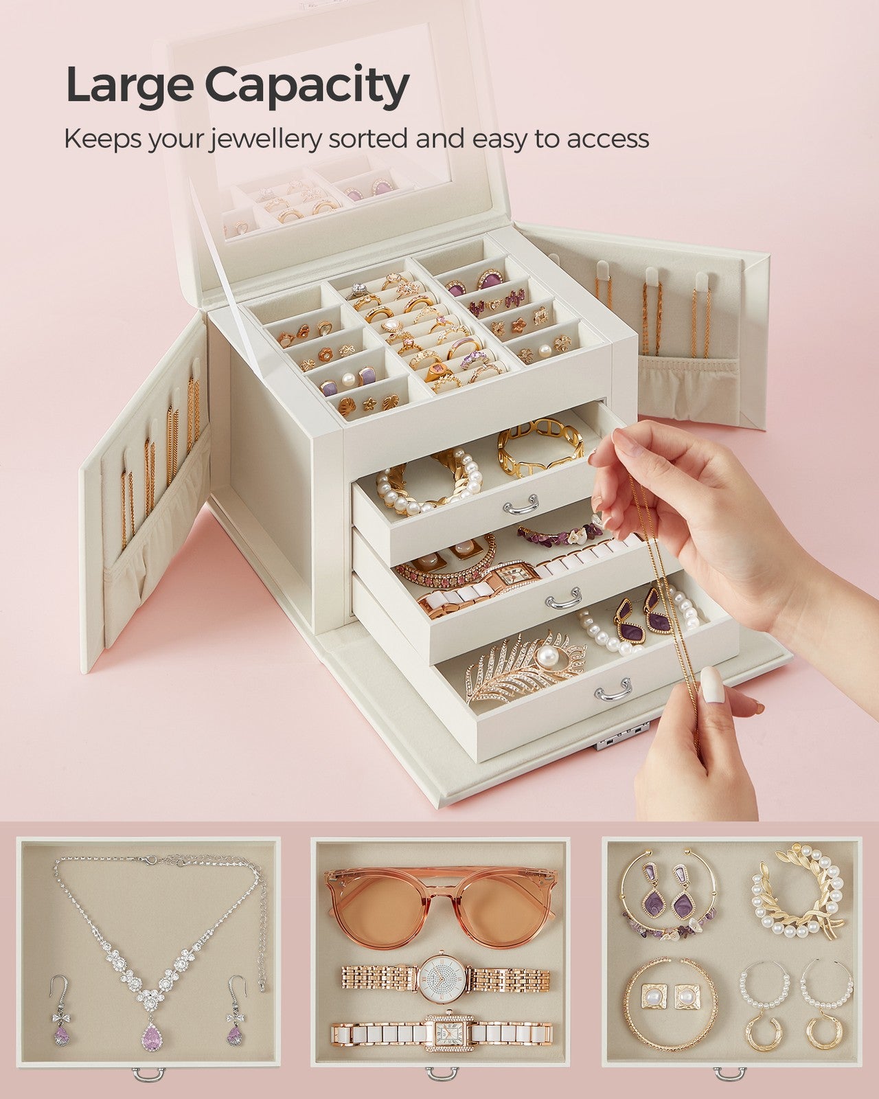 4-Tier Jewellery Box with Handle and Drawers Cream White - image 3