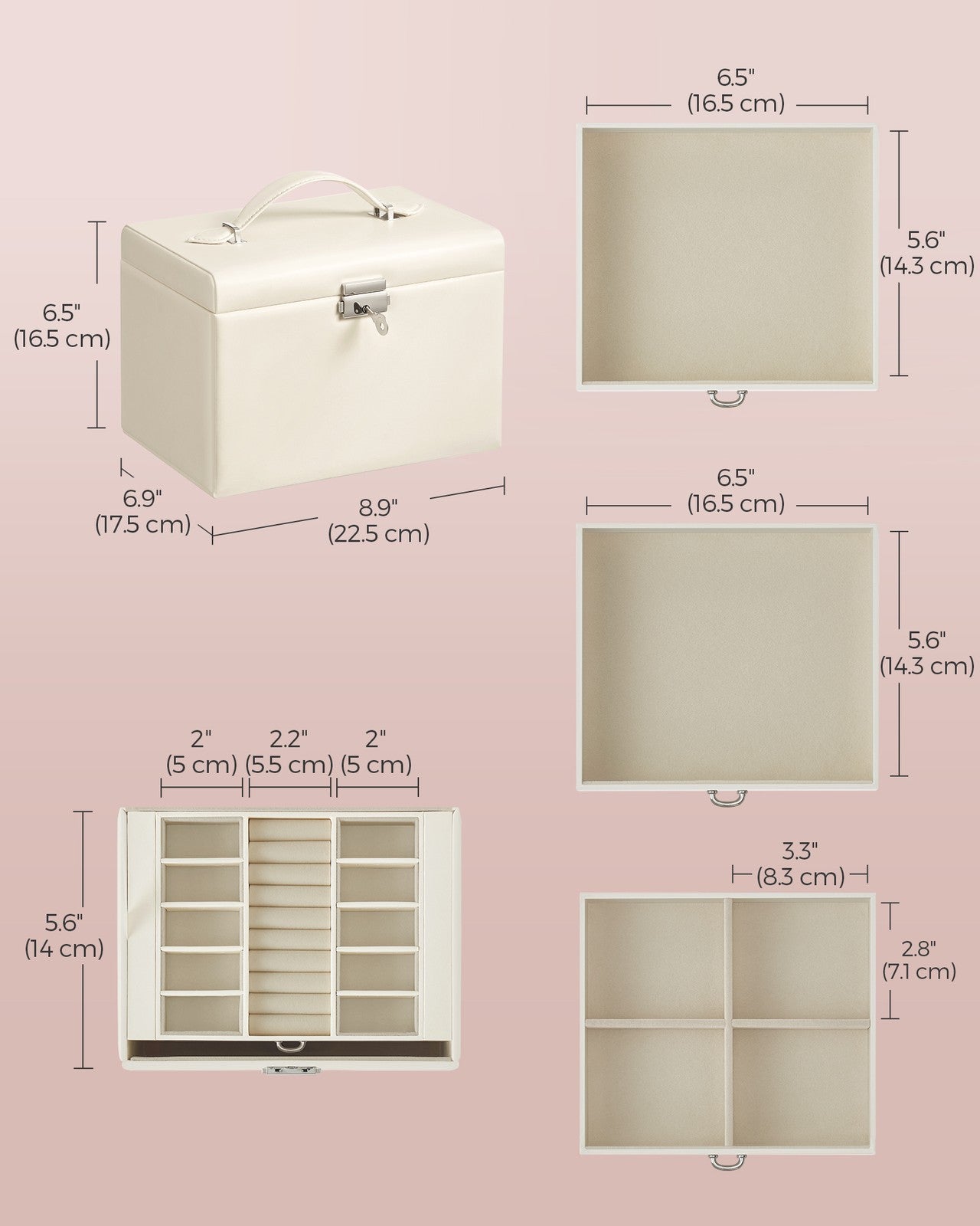4-Tier Jewellery Box with Handle and Drawers Cream White - image 5
