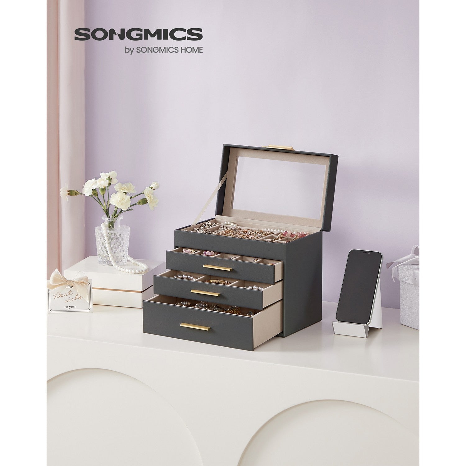 Jewellery Box with Glass Lid Grey and Gold Colour - image 2