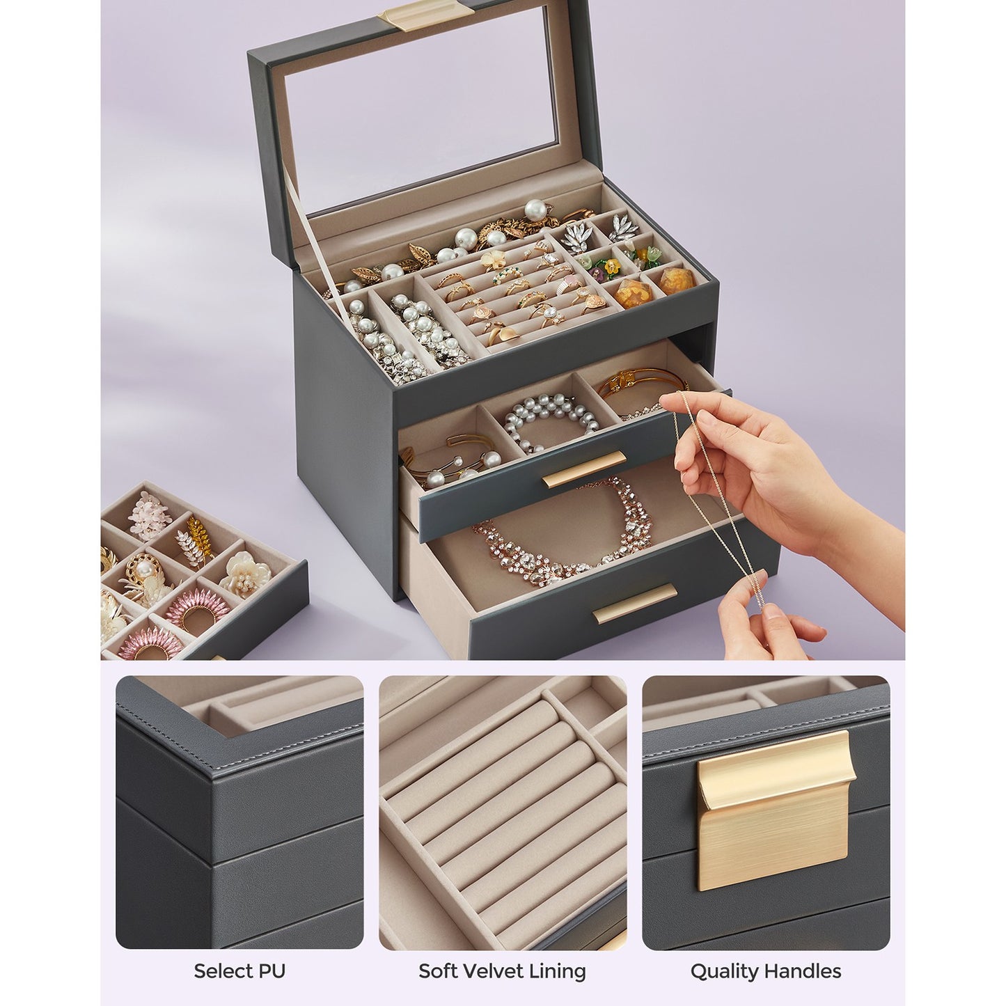 Jewellery Box with Glass Lid Grey and Gold Colour - image 5