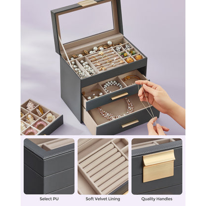 Jewellery Box with Glass Lid Grey and Gold Colour - image 5