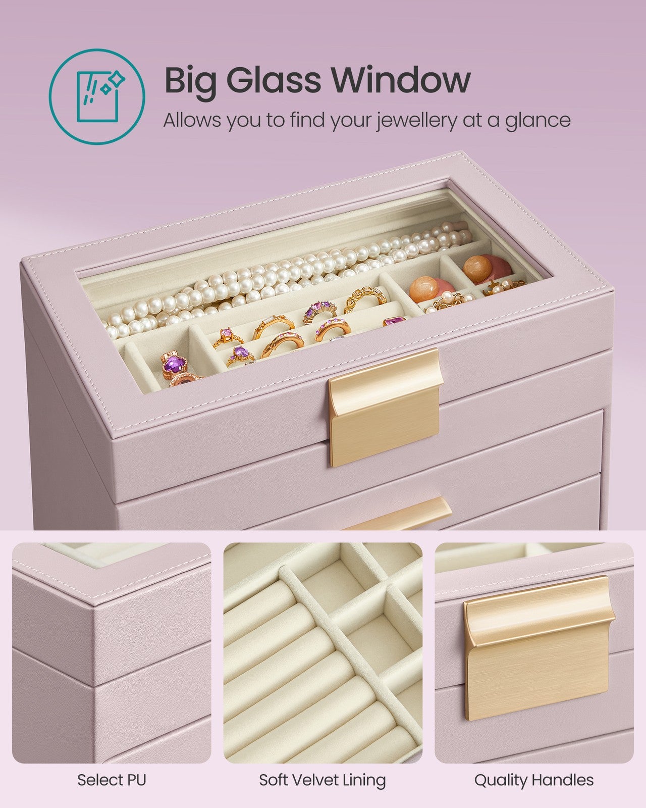 Jewellery Box with Glass Lid, 4-Tier Jewellery Organiser - image 14