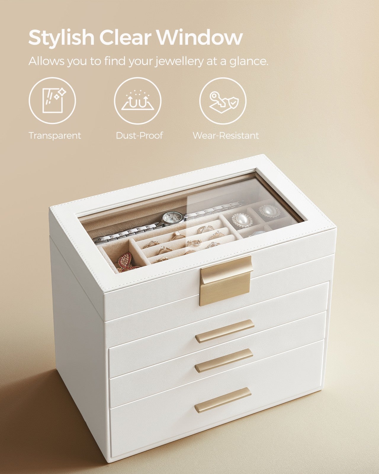 Jewellery Box with Glass Lid, 4-Tier Jewellery Organiser - image 6