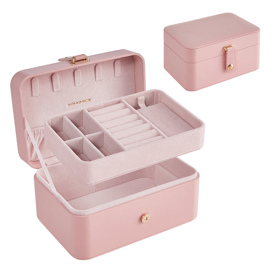 11 x 16 x 8 cm Portable Jewellery Storage Box 2-Layer Jelly Pink - image 1
