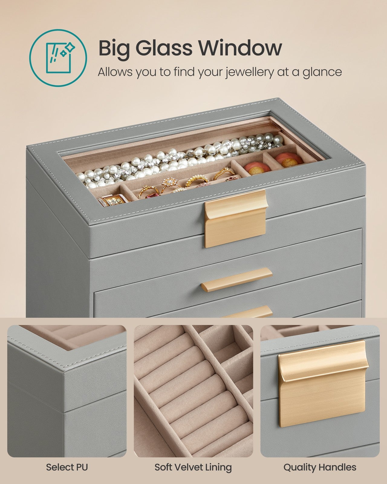 6-Tier Jewellery Box with Glass Lid Cloud White and Gold Colour - image 21