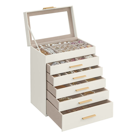 6-Tier Jewellery Box with Glass Lid Cloud White and Gold Colour - image 1