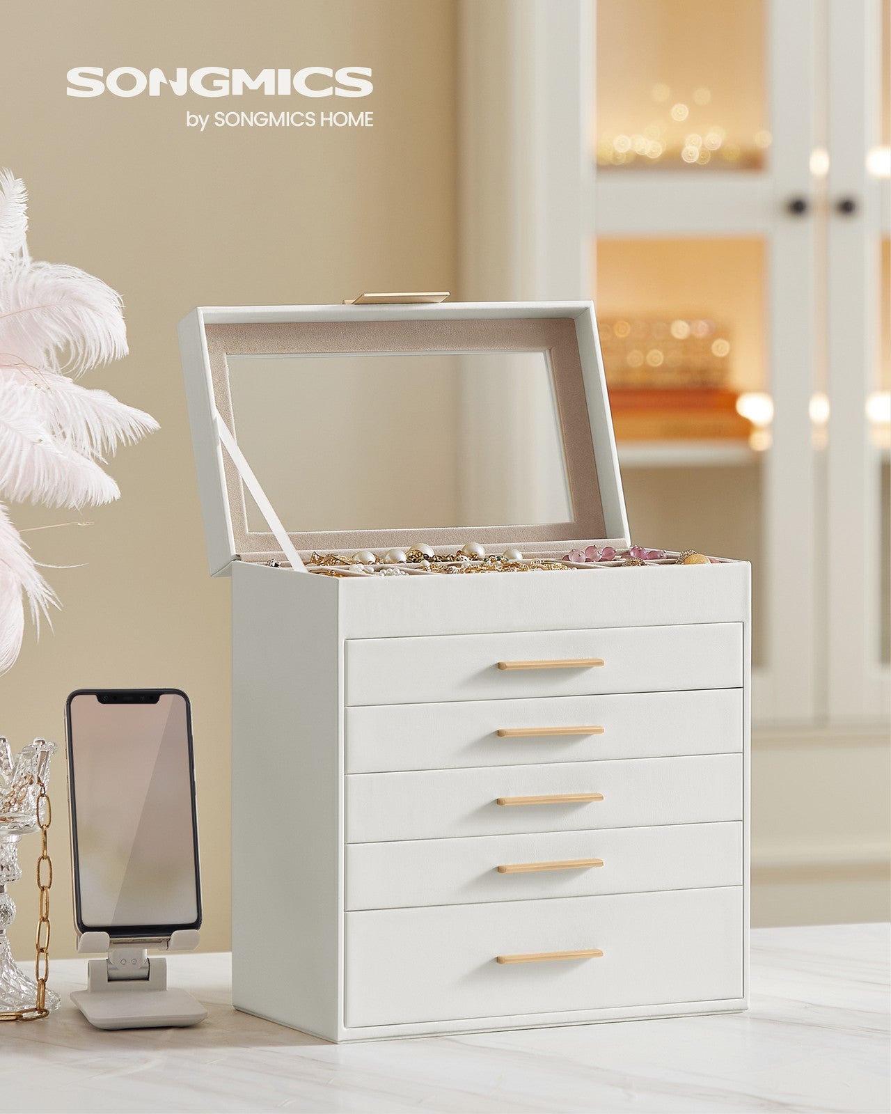 6-Tier Jewellery Box with Glass Lid Cloud White and Gold Colour - image 3