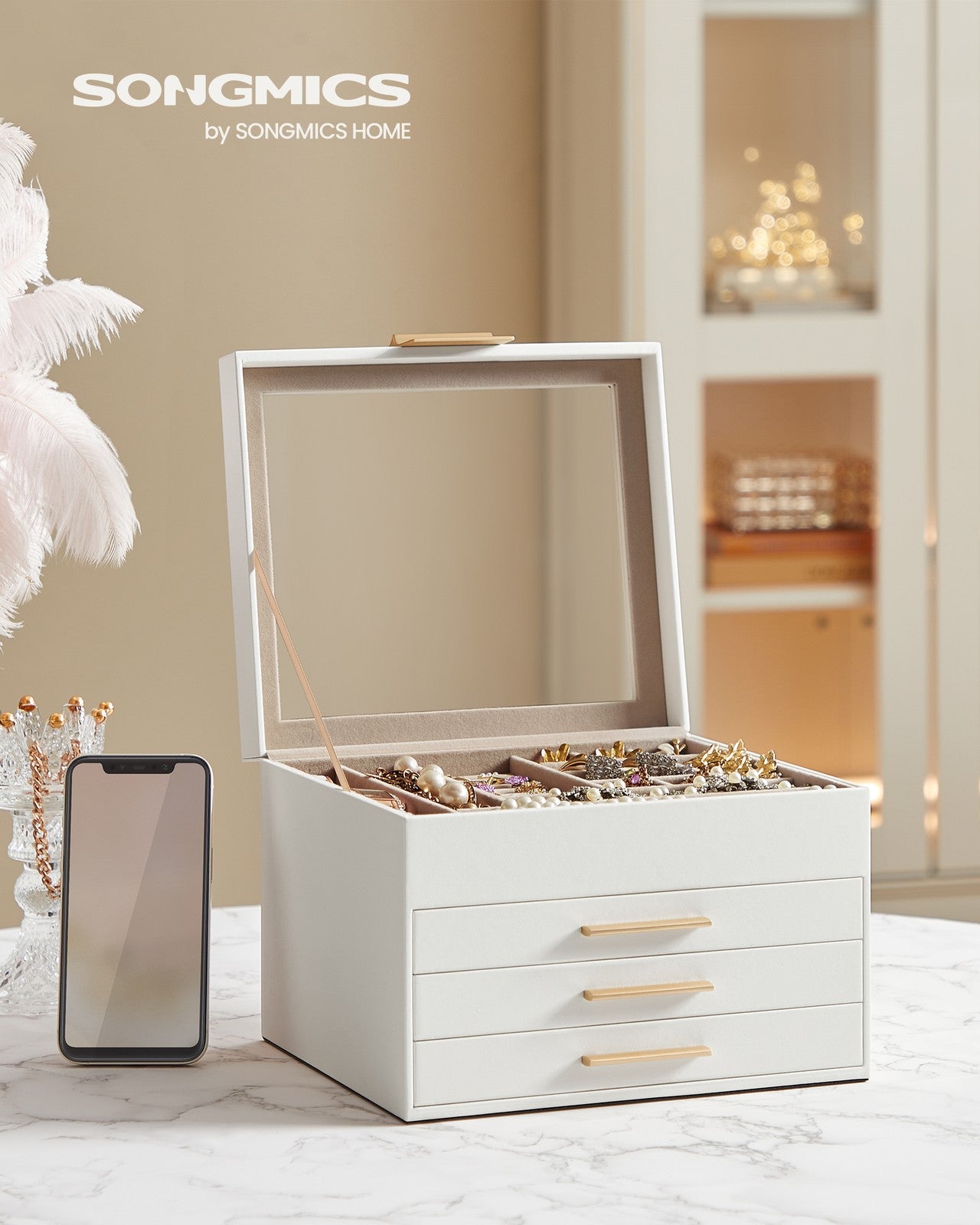 4-Layer Jewellery Box with 3 Drawers Cloud White and Gold - image 3