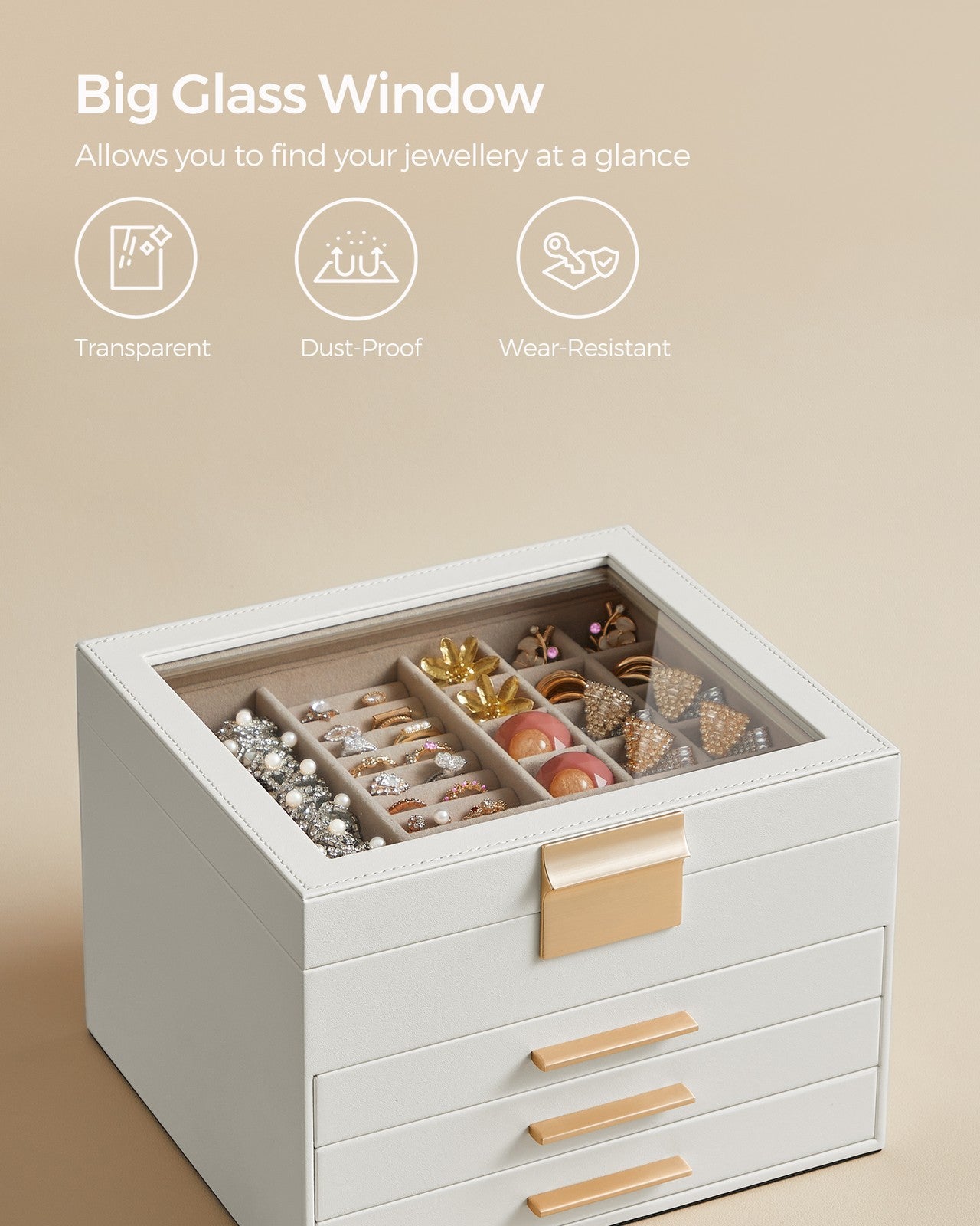 4-Layer Jewellery Box with 3 Drawers Cloud White and Gold - image 6