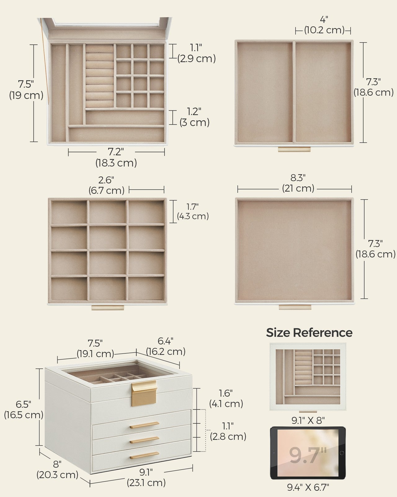 4-Layer Jewellery Box with 3 Drawers Cloud White and Gold - image 8