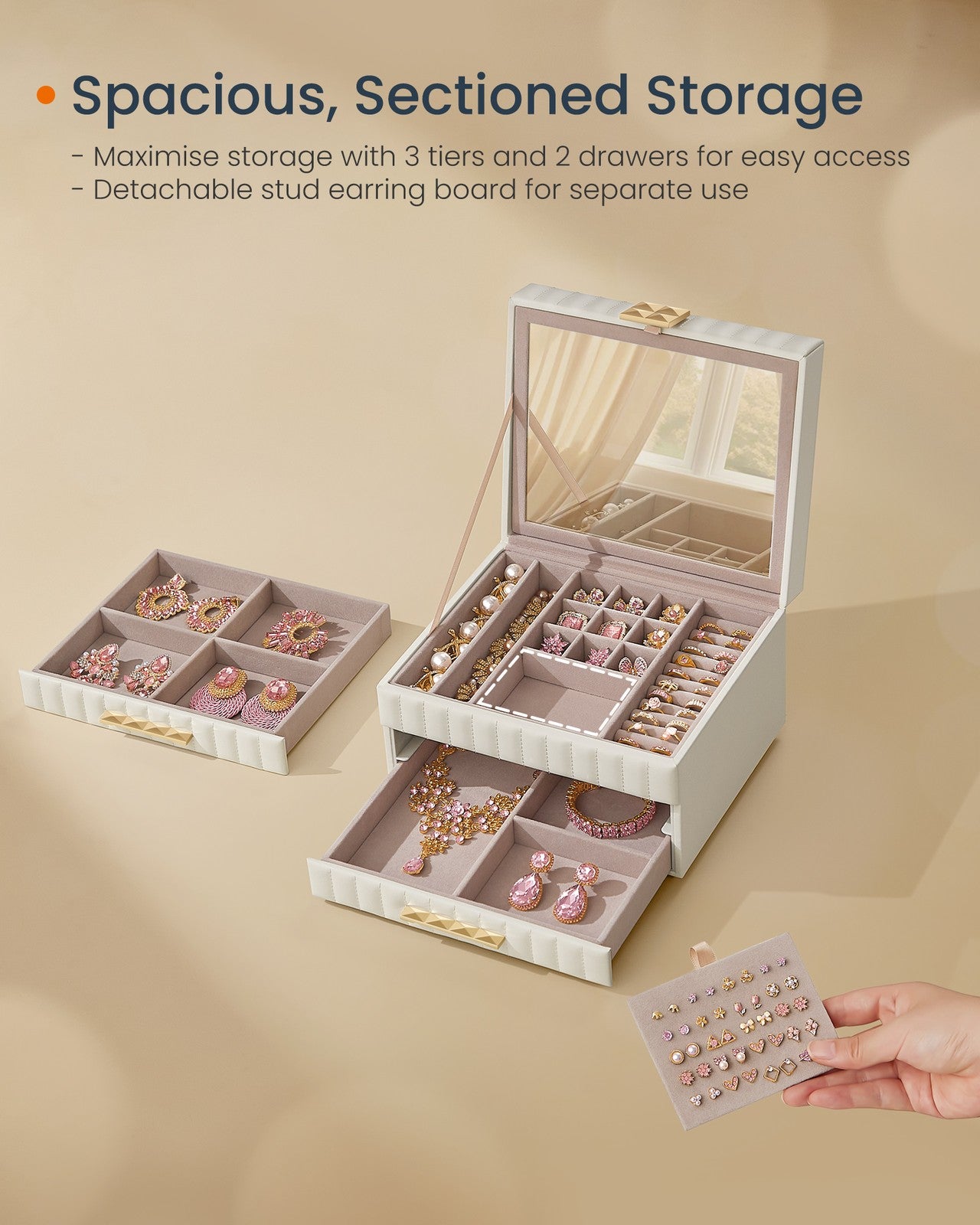 ANAH Collection - 3-Tier Jewellery Box with Mirror Cloud White - image 4