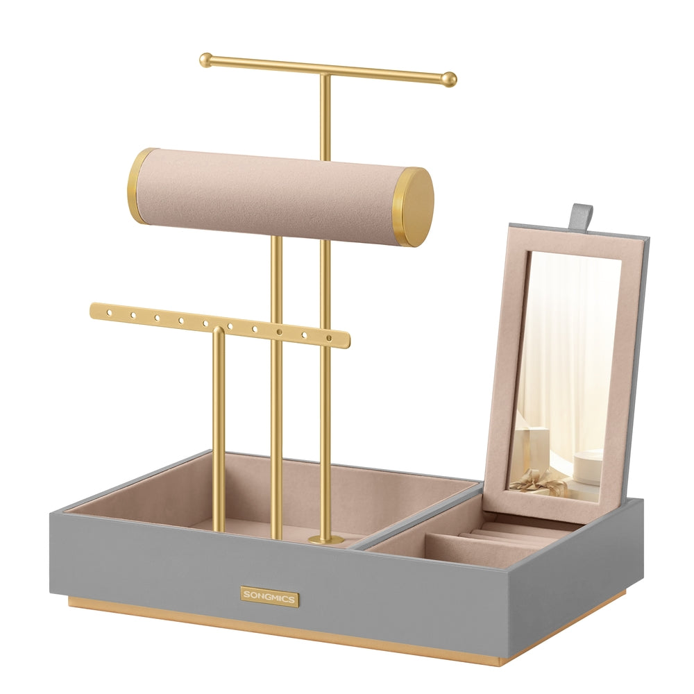 Metal Jewellery Stand with Mirror Dove Grey and Gold - image 1