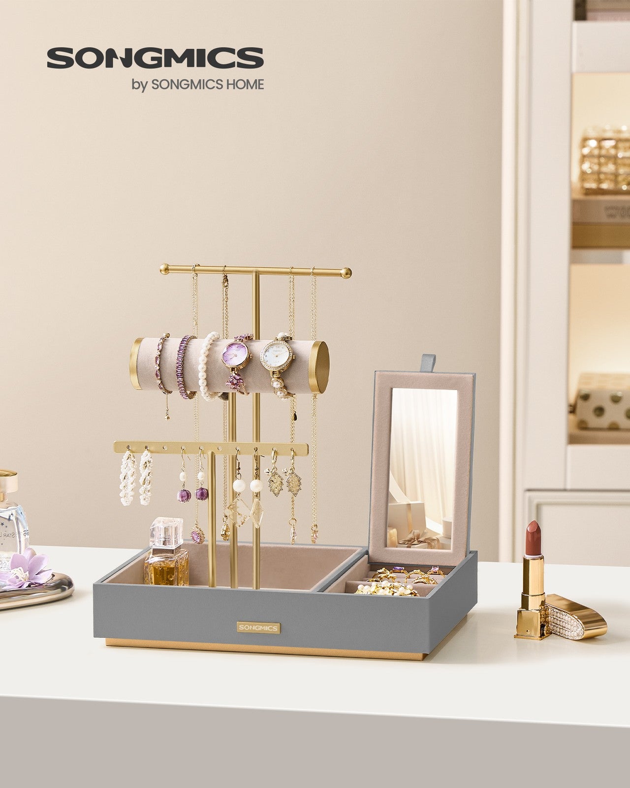 Metal Jewellery Stand with Mirror Dove Grey and Gold - image 2