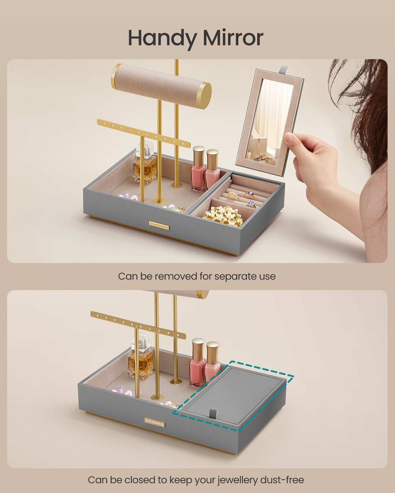 Metal Jewellery Stand with Mirror Dove Grey and Gold - image 4