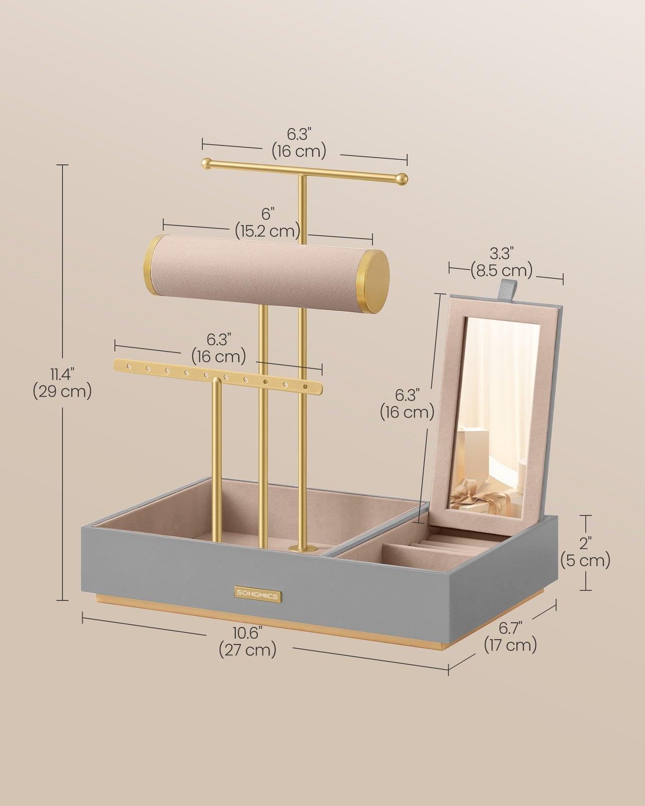 Metal Jewellery Stand with Mirror Dove Grey and Gold - image 5