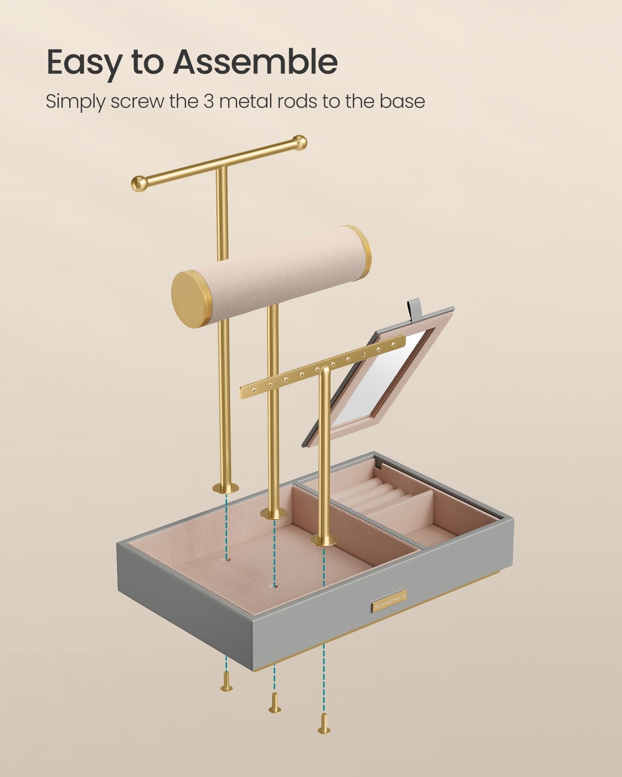 Metal Jewellery Stand with Mirror Dove Grey and Gold - image 7