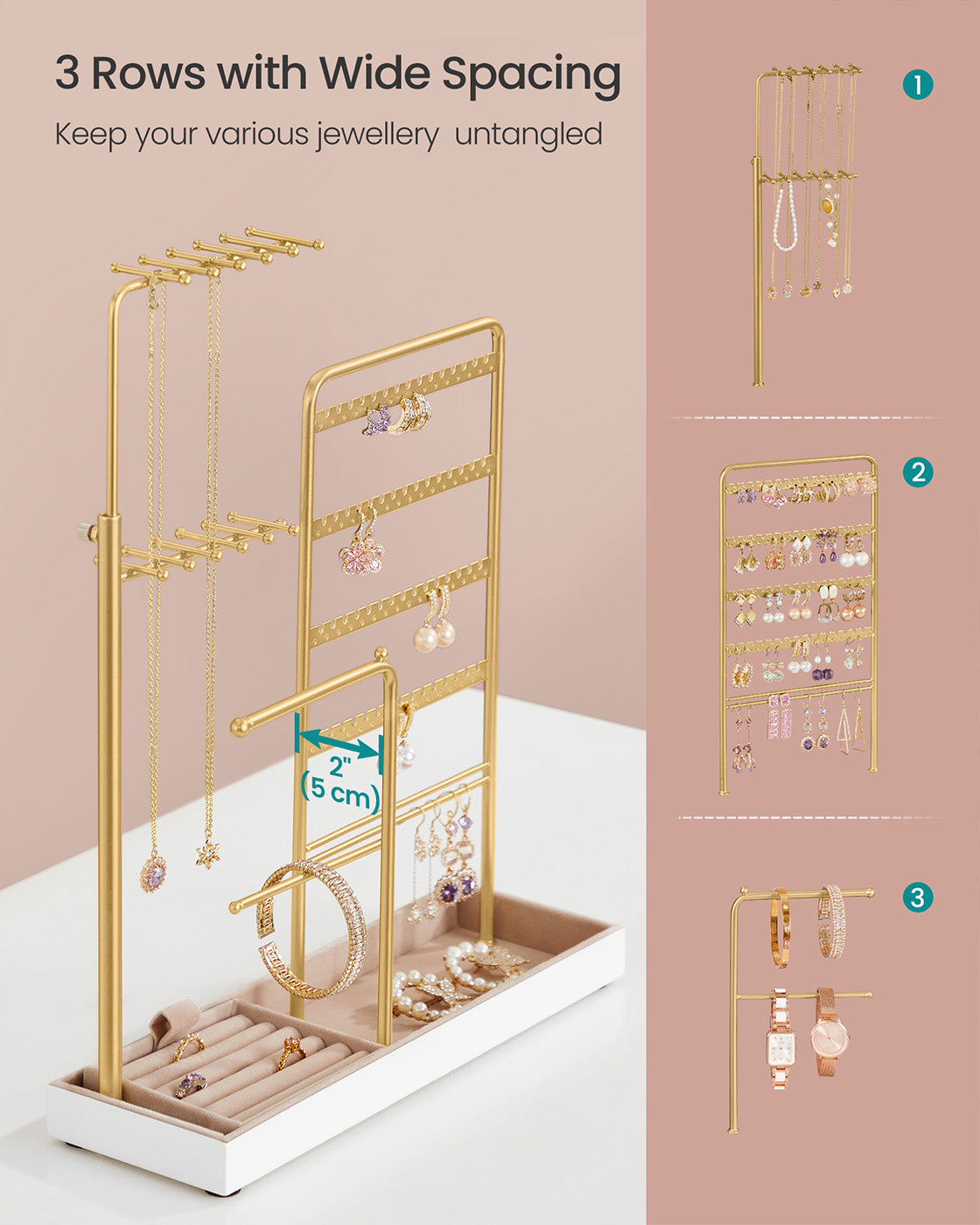 Jewellery organiser with metal frame and adjustable velvet stand - image 9