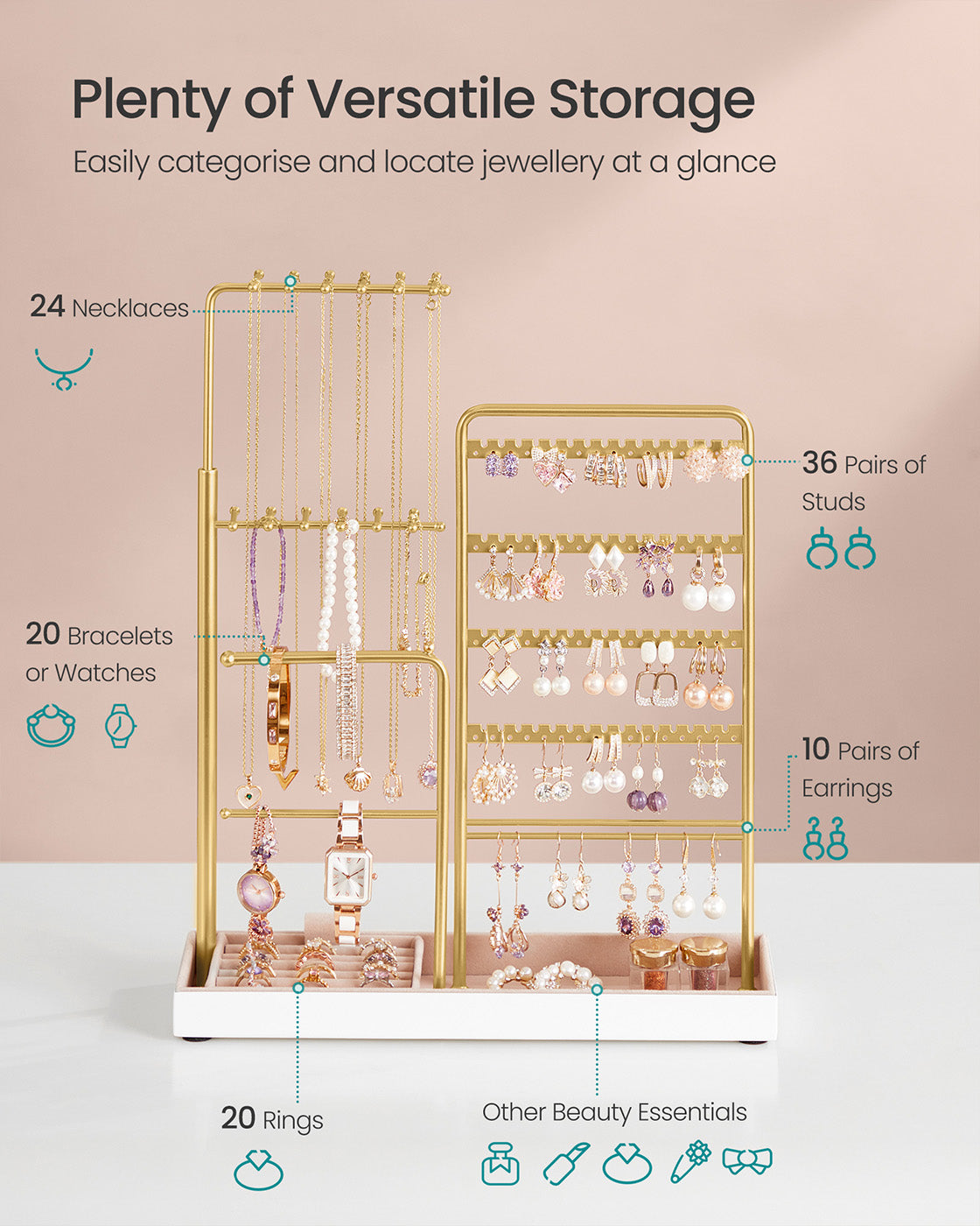 Jewellery organiser with metal frame and adjustable velvet stand - image 12