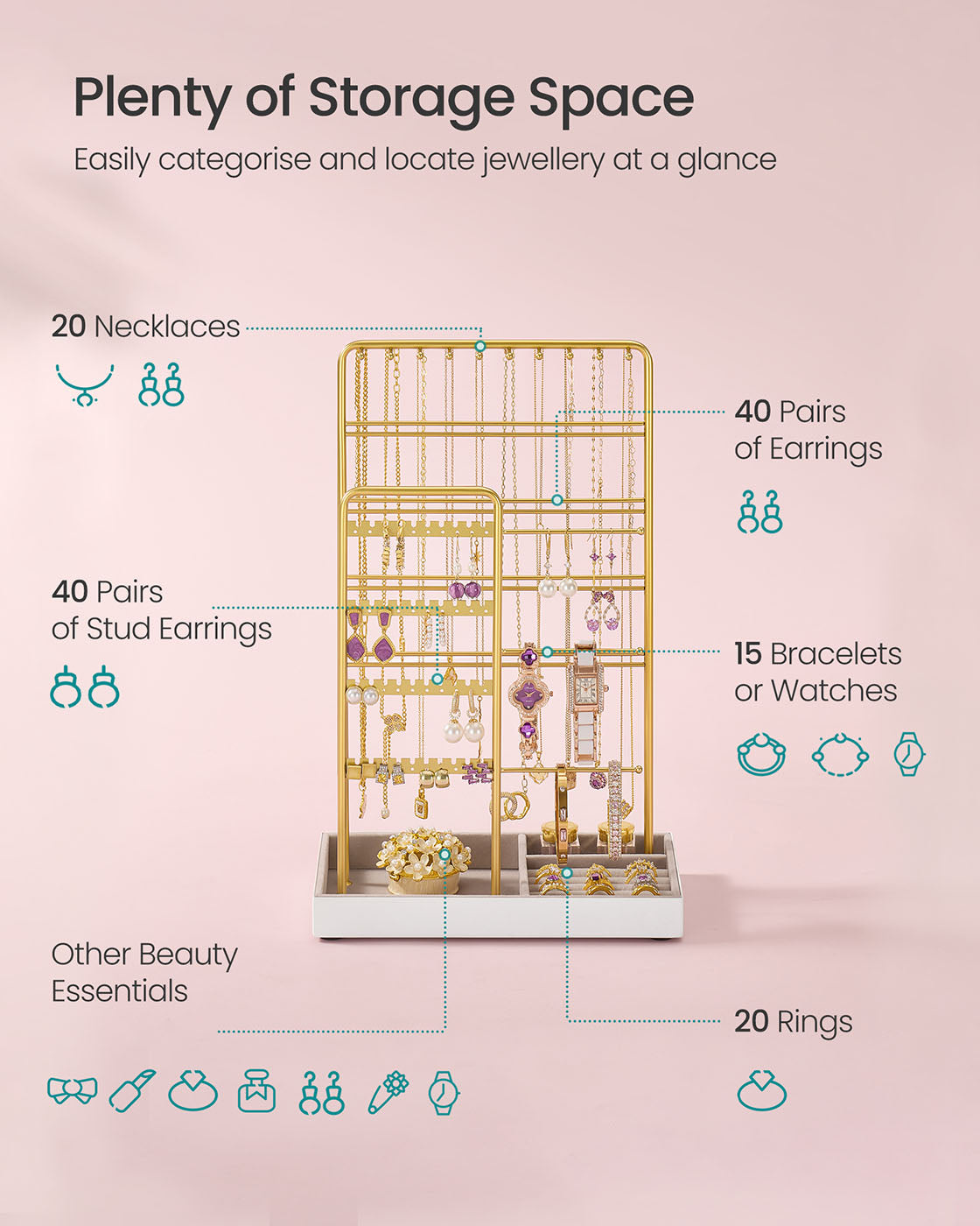 Jewellery Display Stand with Gold Metal Frame and Velvet Tray - image 42