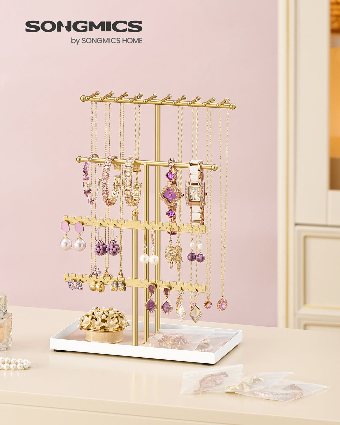 Jewellery Stand with Metal Frame and Velvet Tray Pale Gold - image 2