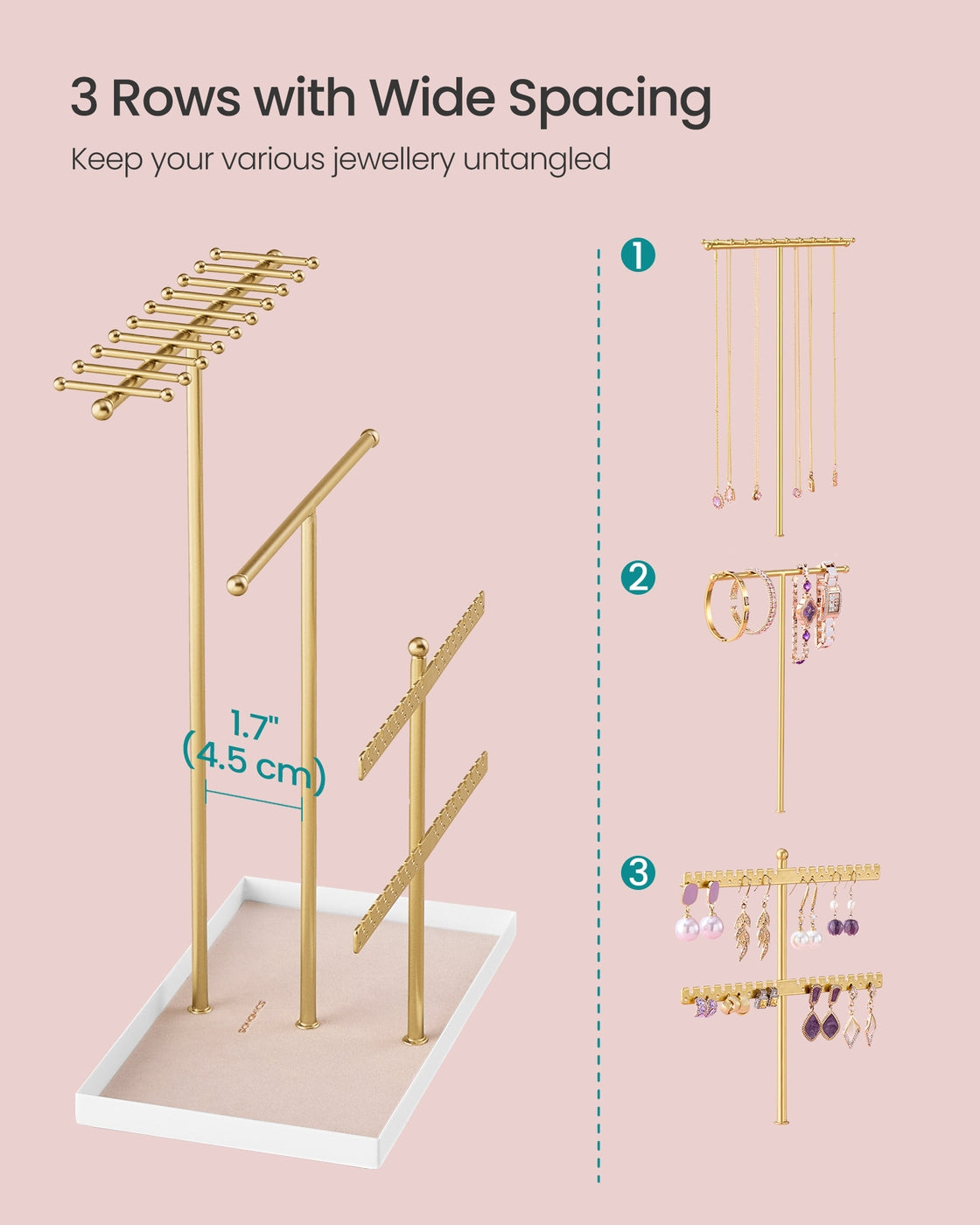 Jewellery Stand with Metal Frame and Velvet Tray Pale Gold - image 3