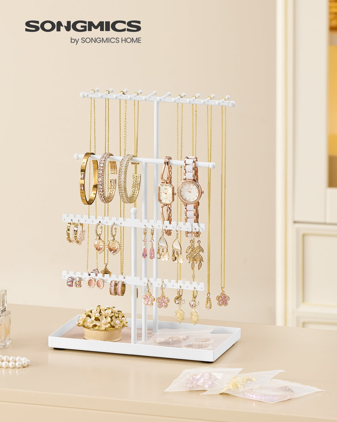 Jewellery Stand with Metal Frame and Velvet Tray Pale Gold - image 8