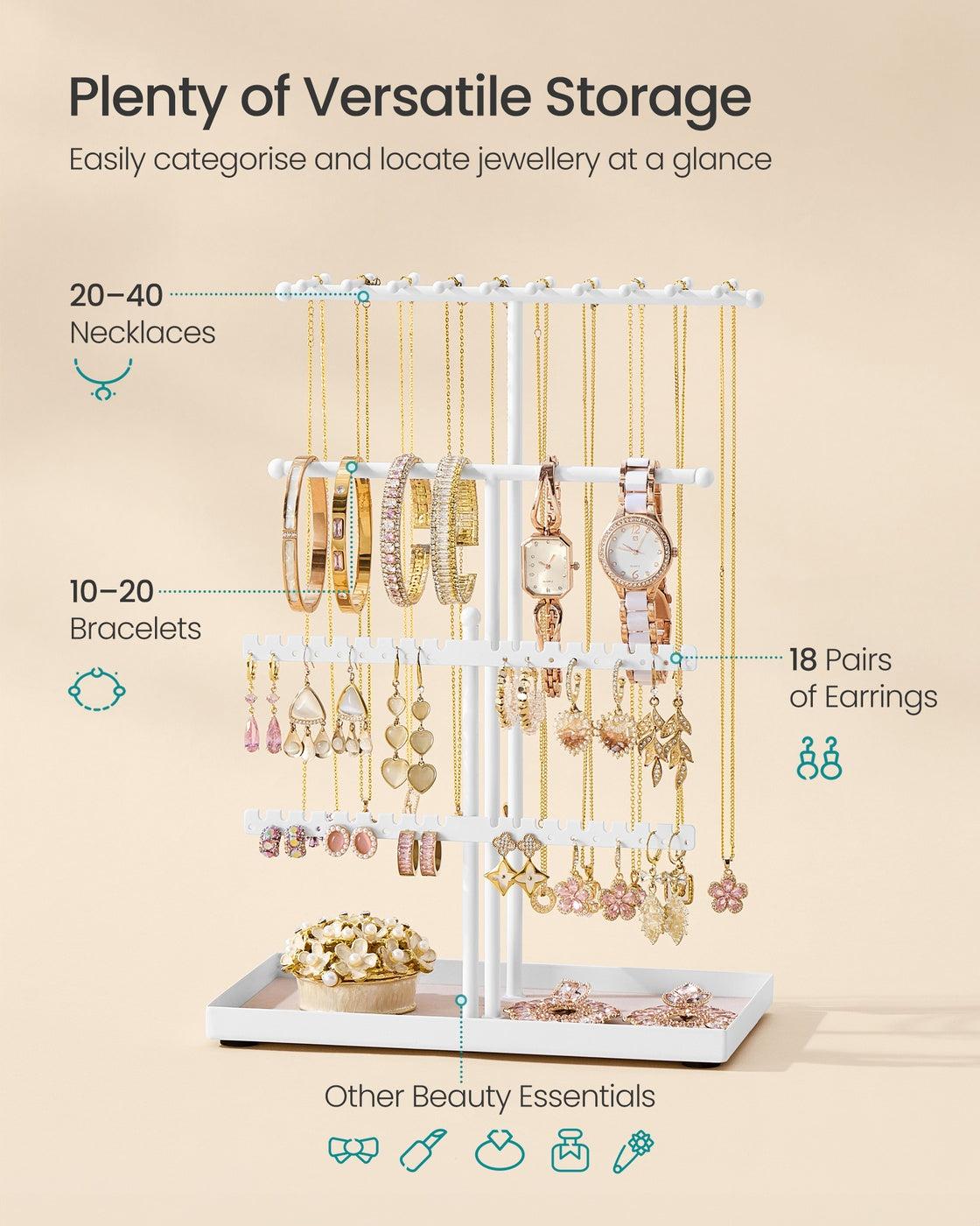 Jewellery Stand with Metal Frame and Velvet Tray Pale Gold - image 12