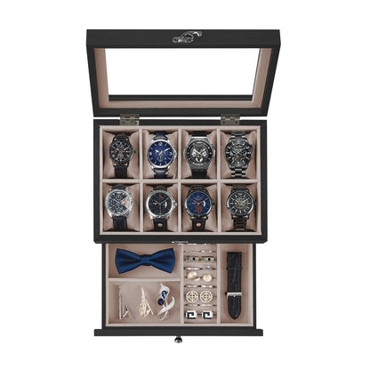 Watch Box with 8 Slots, 2-Tier Wood Watch Case with Large Glass Lid - image 1