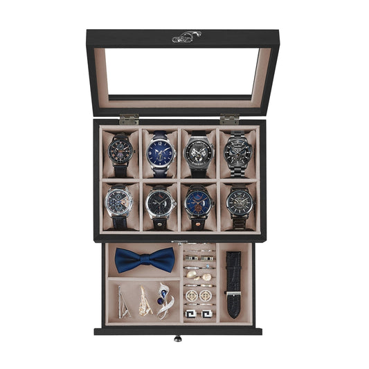 Watch Box with 8 Slots, 2-Tier Wood Watch Case with Large Glass Lid - image 1