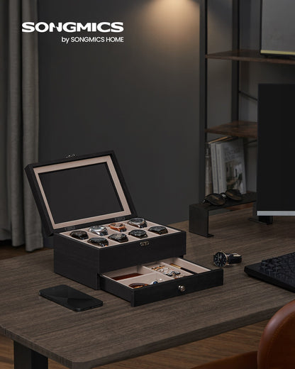 Watch Box with 8 Slots, 2-Tier Wood Watch Case with Large Glass Lid - image 3