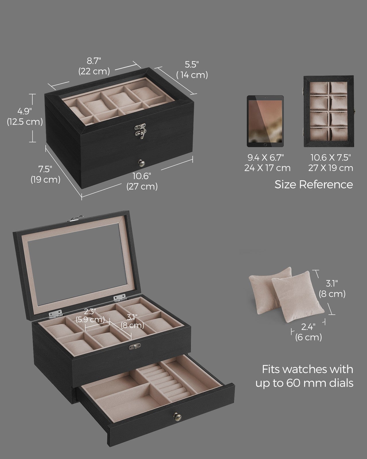 Watch Box with 8 Slots, 2-Tier Wood Watch Case with Large Glass Lid - image 4