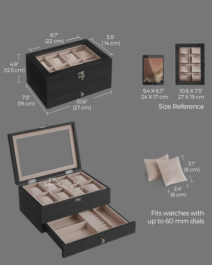 Watch Box with 8 Slots, 2-Tier Wood Watch Case with Large Glass Lid - image 4