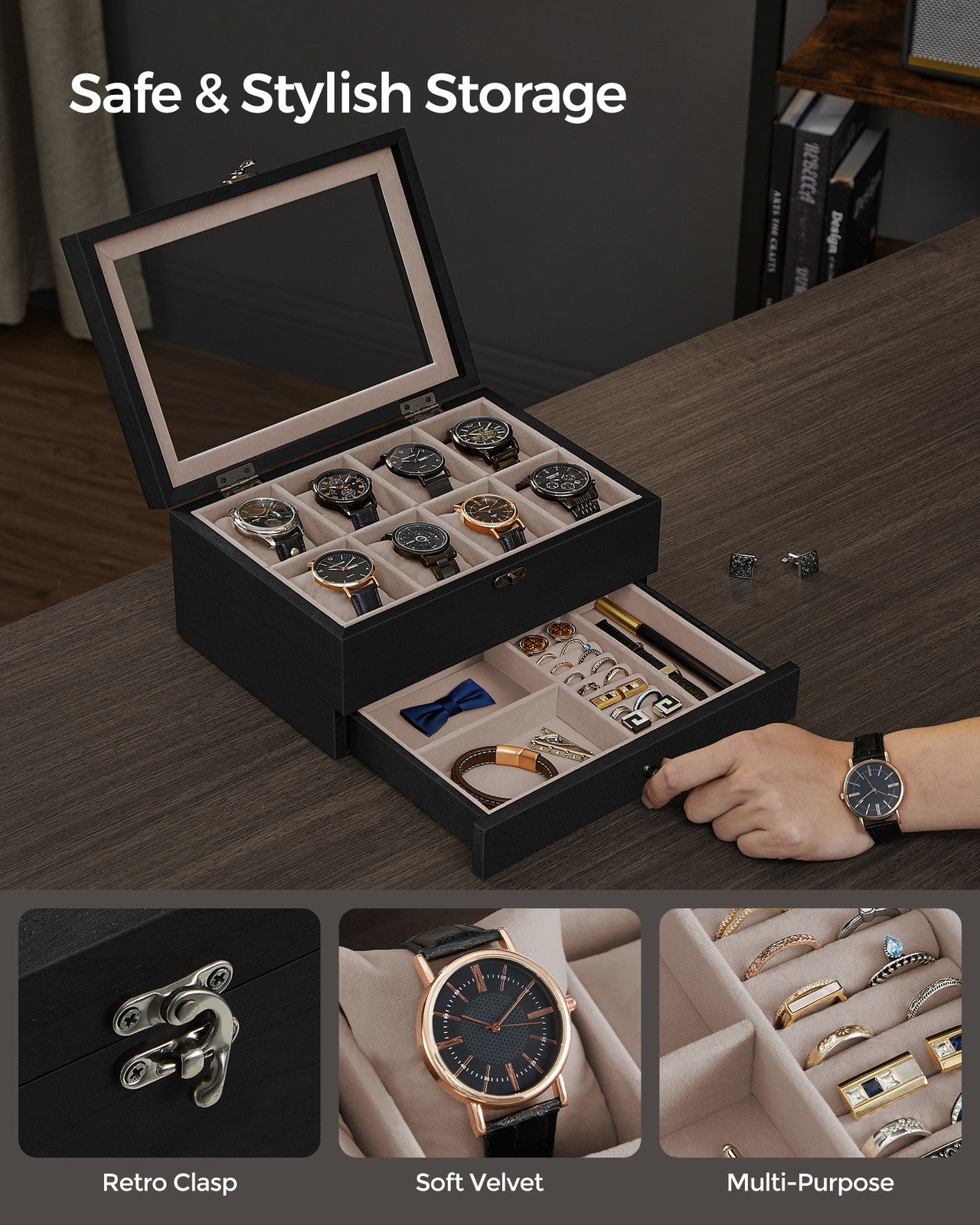 Watch Box with 8 Slots, 2-Tier Wood Watch Case with Large Glass Lid - image 5