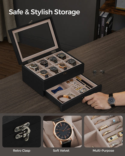 Watch Box with 8 Slots, 2-Tier Wood Watch Case with Large Glass Lid - image 5