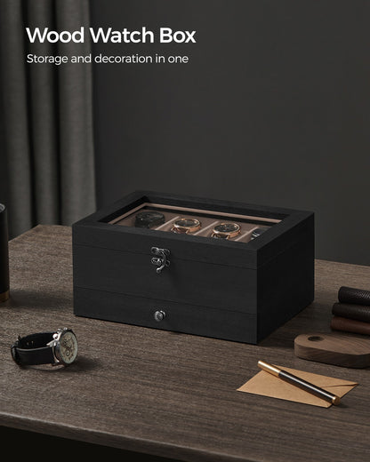 Watch Box with 8 Slots, 2-Tier Wood Watch Case with Large Glass Lid - image 6