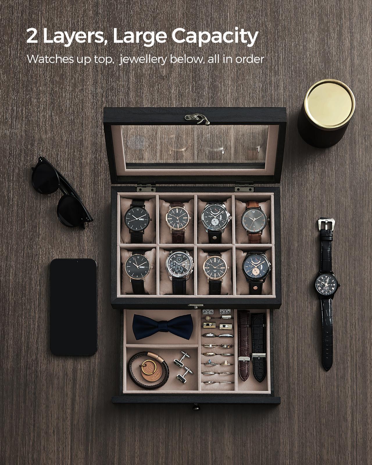 Watch Box with 8 Slots, 2-Tier Wood Watch Case with Large Glass Lid - image 7