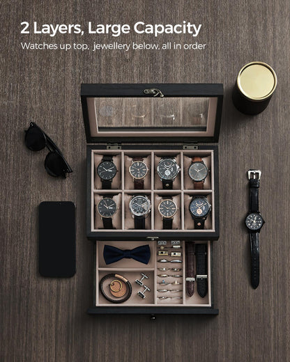Watch Box with 8 Slots, 2-Tier Wood Watch Case with Large Glass Lid - image 7