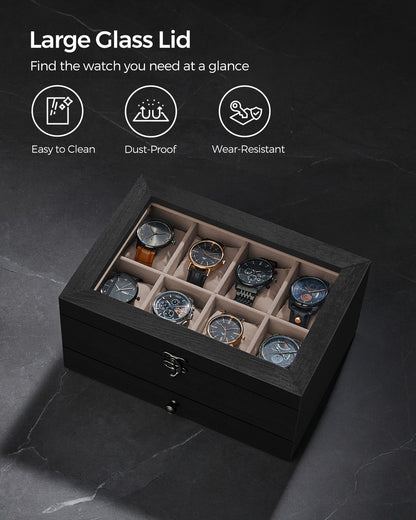 Watch Box with 8 Slots, 2-Tier Wood Watch Case with Large Glass Lid - image 8